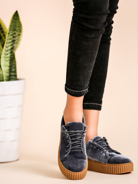 Blue Grey Faux Suede Lace Up Rubber Sole Low Top Sneakers