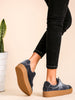 Blue Grey Faux Suede Lace Up Rubber Sole Low Top Sneakers