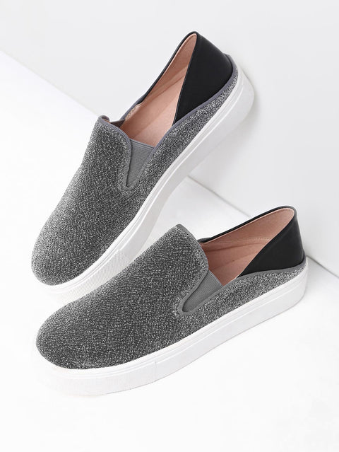 Round Toe Glitter Flatform Sneakers